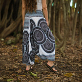 Black and white mandala harem pants made from lightweight rayon, boho hippie yoga trousers for summer, festivals, and casual wear