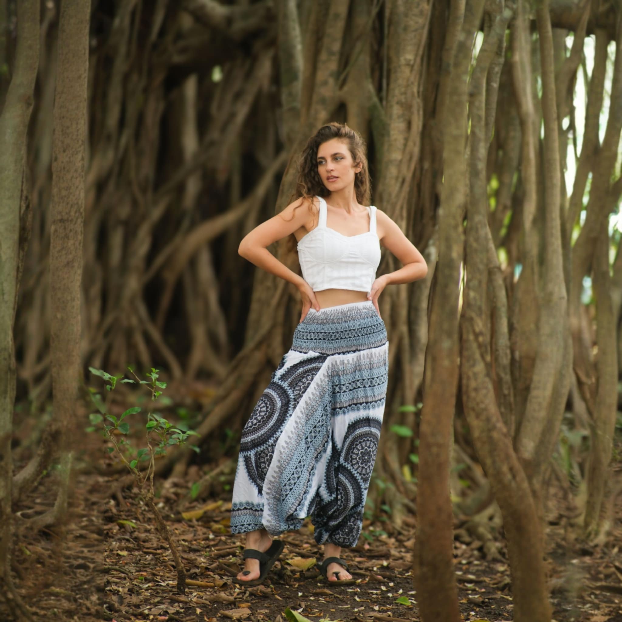 Black & White Mandala Harem Pants – Lightweight Rayon Yoga Trousers | Boho Festival & Hippie Style