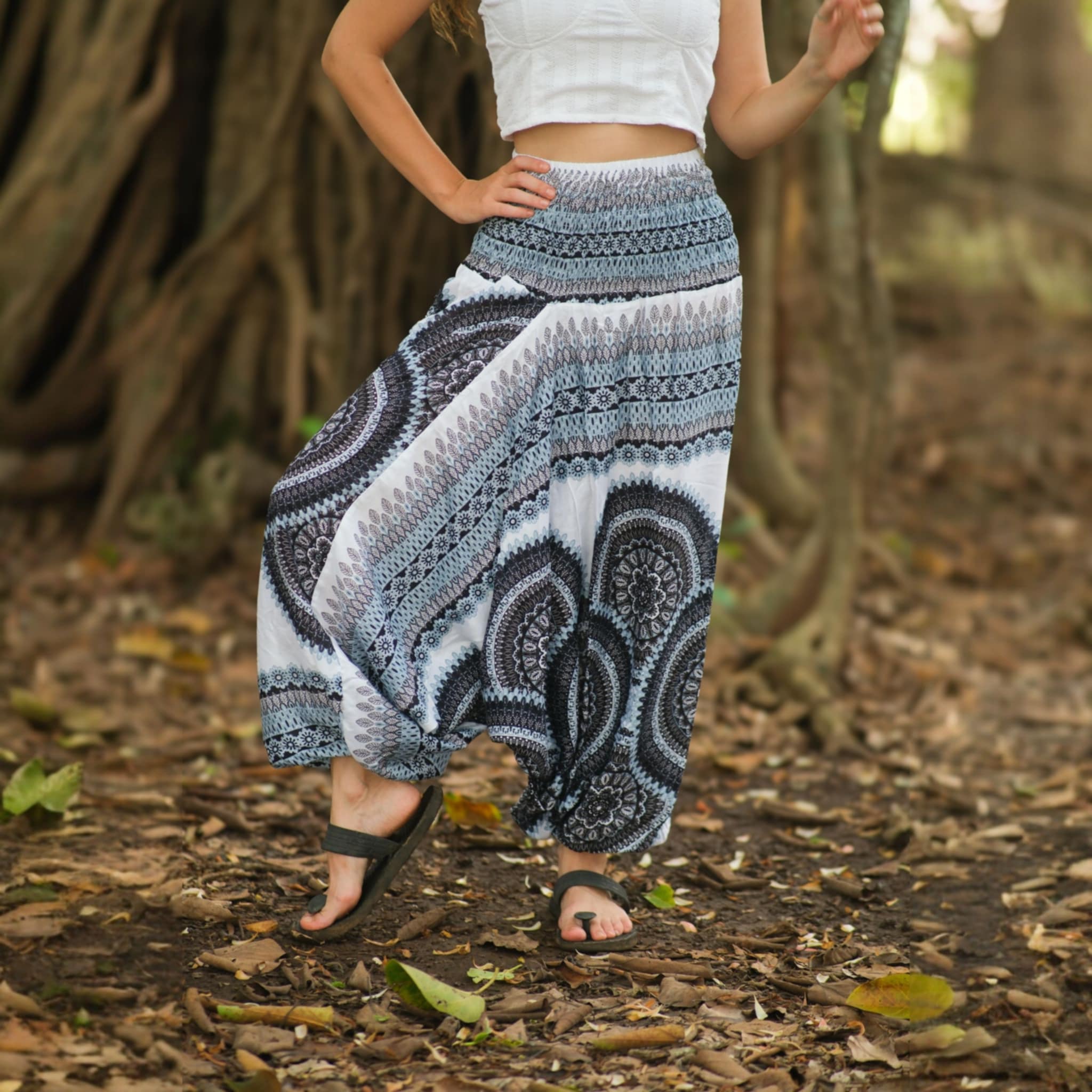 Black & White Mandala Harem Pants – Lightweight Rayon Yoga Trousers | Boho Festival & Hippie Style