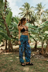 High Crotch Harem Pants - Paisley - Bright Blue & Black