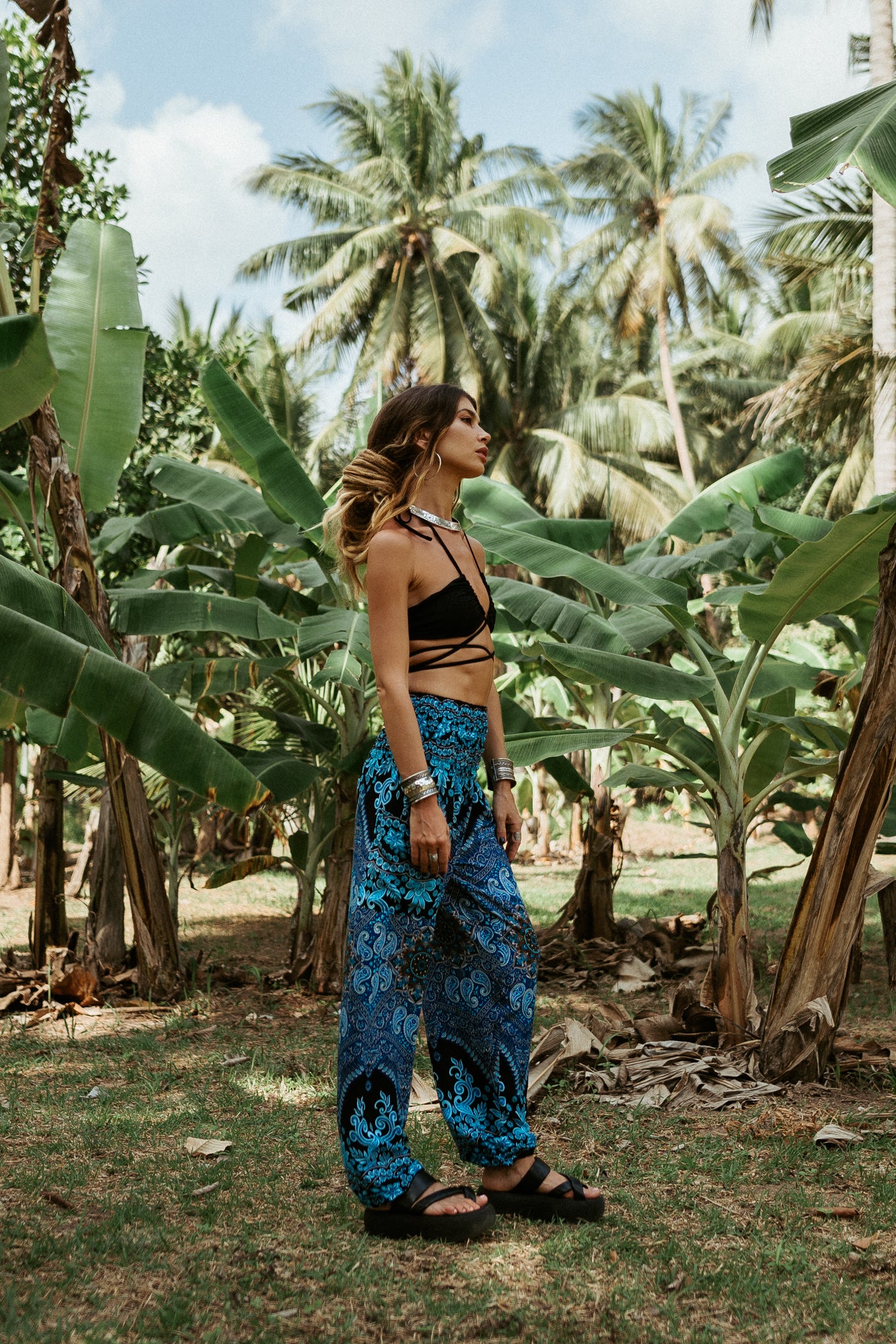 High Crotch Harem Pants - Paisley - Bright Blue & Black