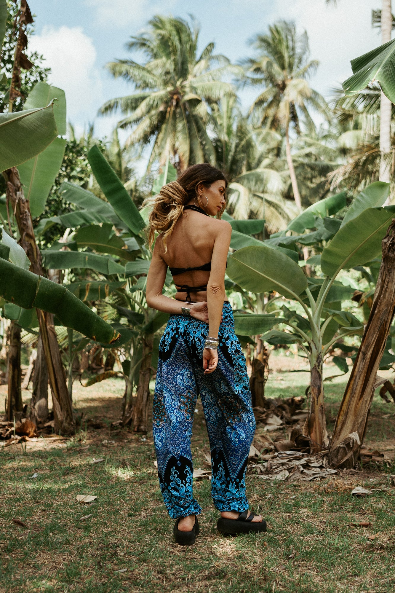 High Crotch Harem Pants - Paisley - Bright Blue & Black