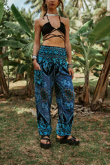 High Crotch Harem Pants - Paisley - Bright Blue & Black