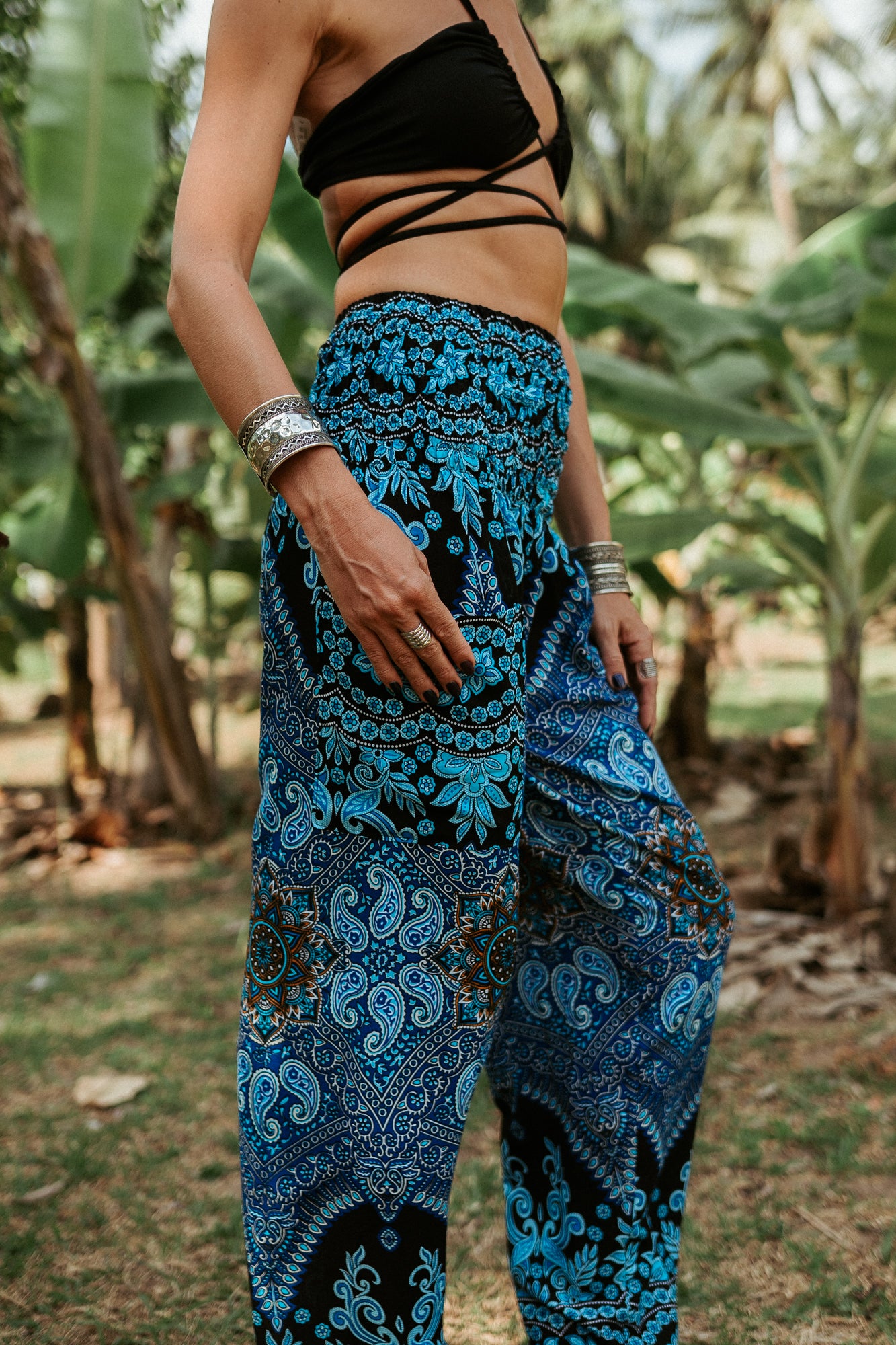 High Crotch Harem Pants - Paisley - Bright Blue & Black