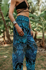 High Crotch Harem Pants - Paisley - Bright Blue & Black