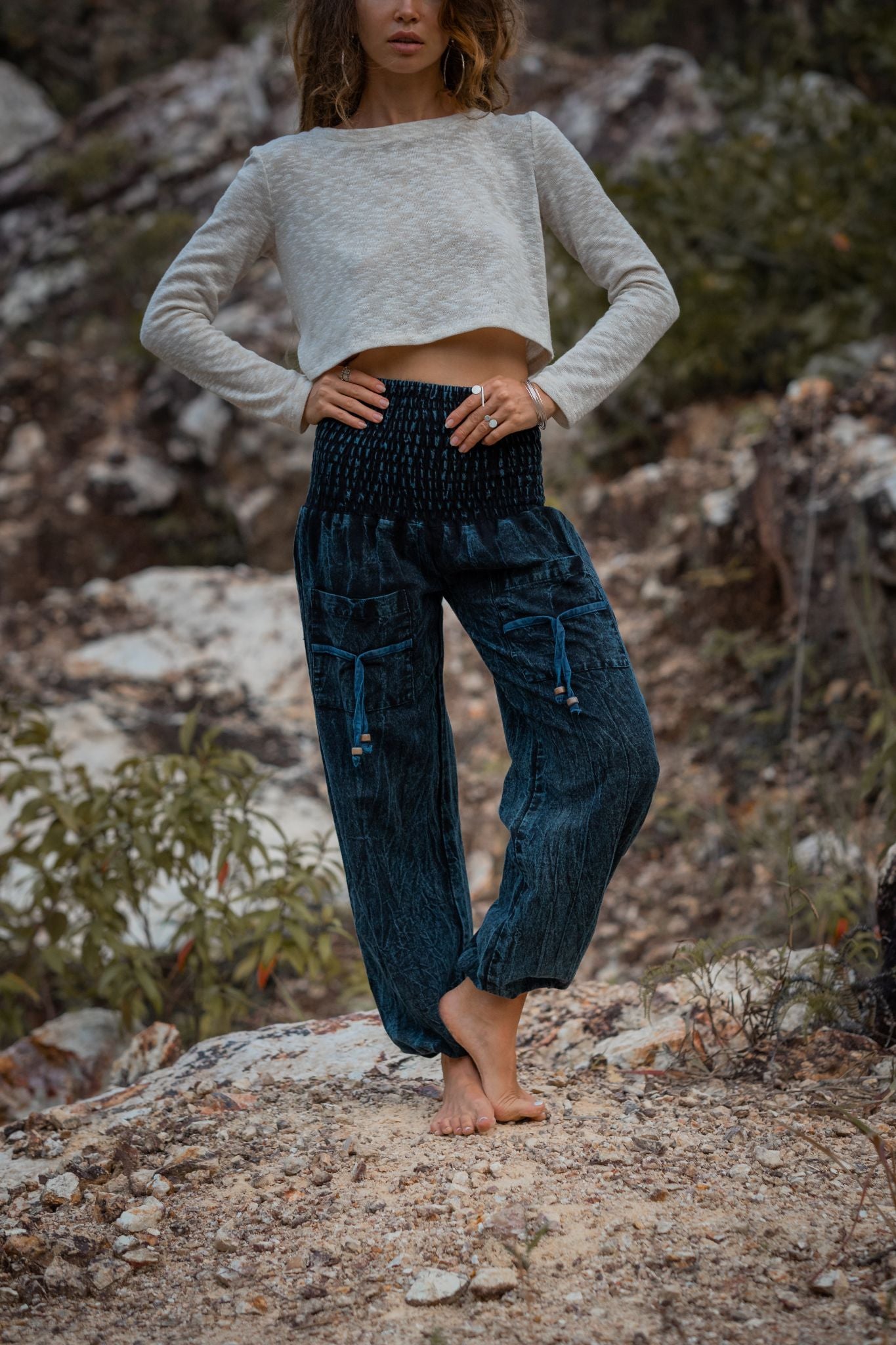 Cotton Stonewashed High Cut Harem Pants - Various Colours