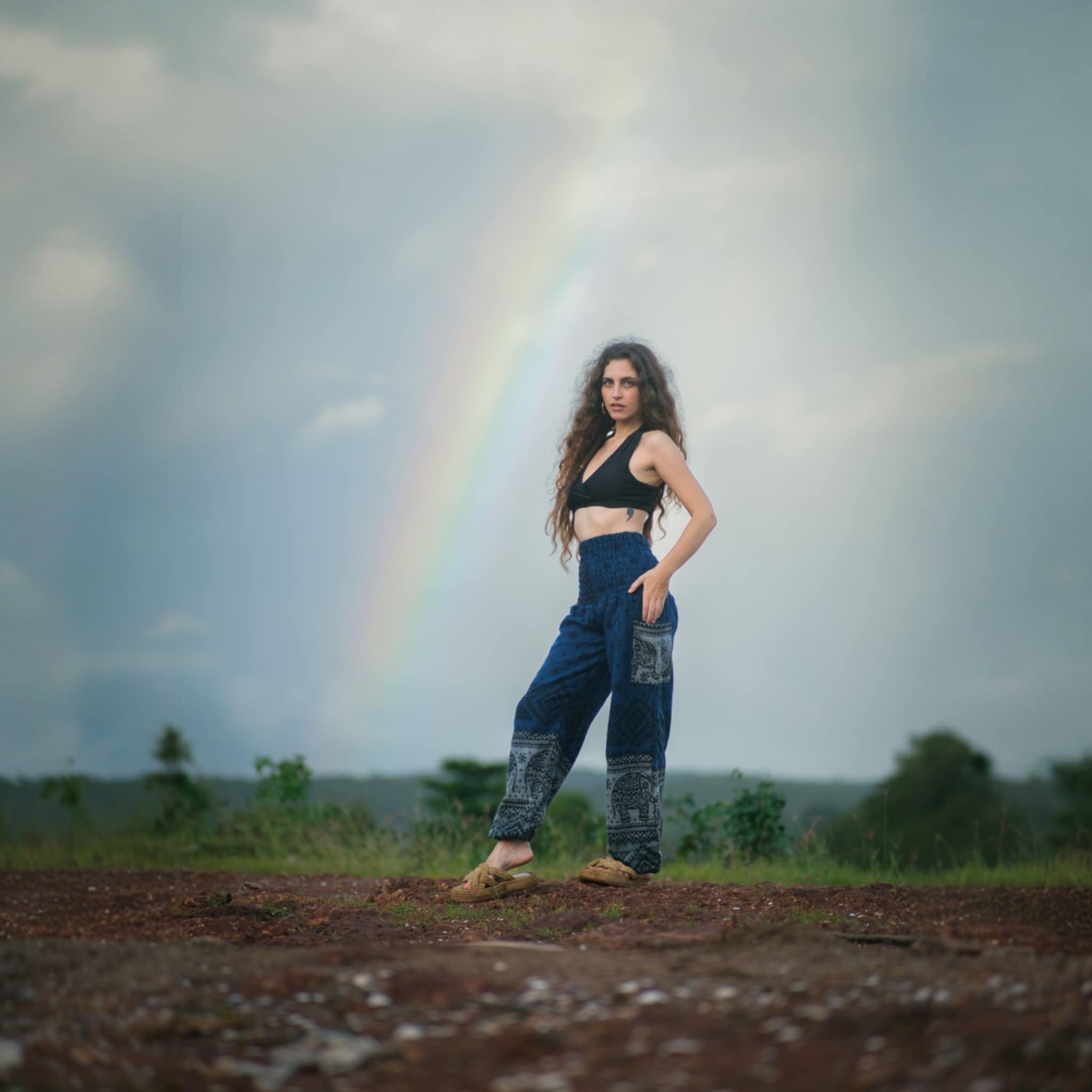 Elephant Print Warm Harem Blanket Pants with Pockets - Blue