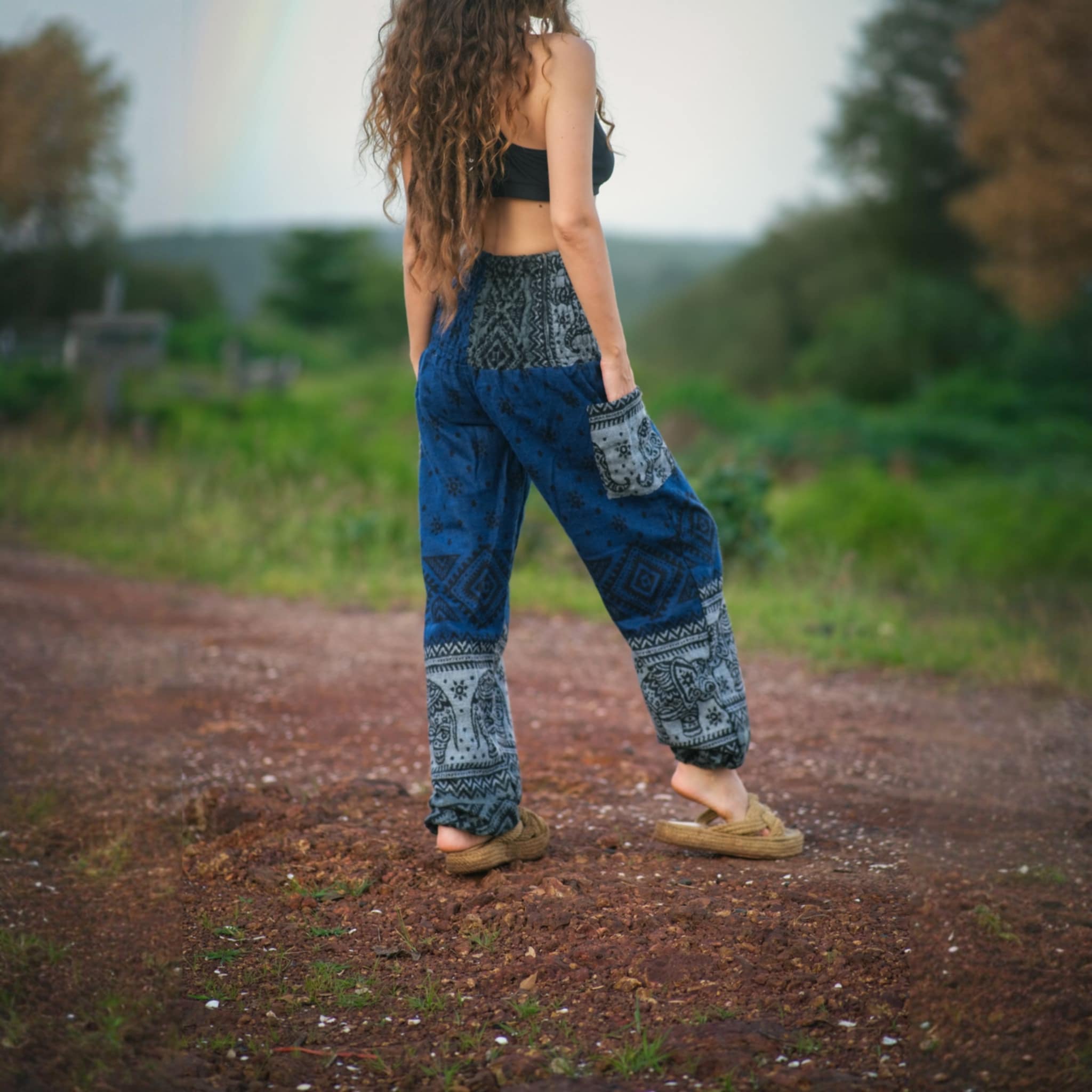 Elephant Print Warm Harem Blanket Pants with Pockets - Blue