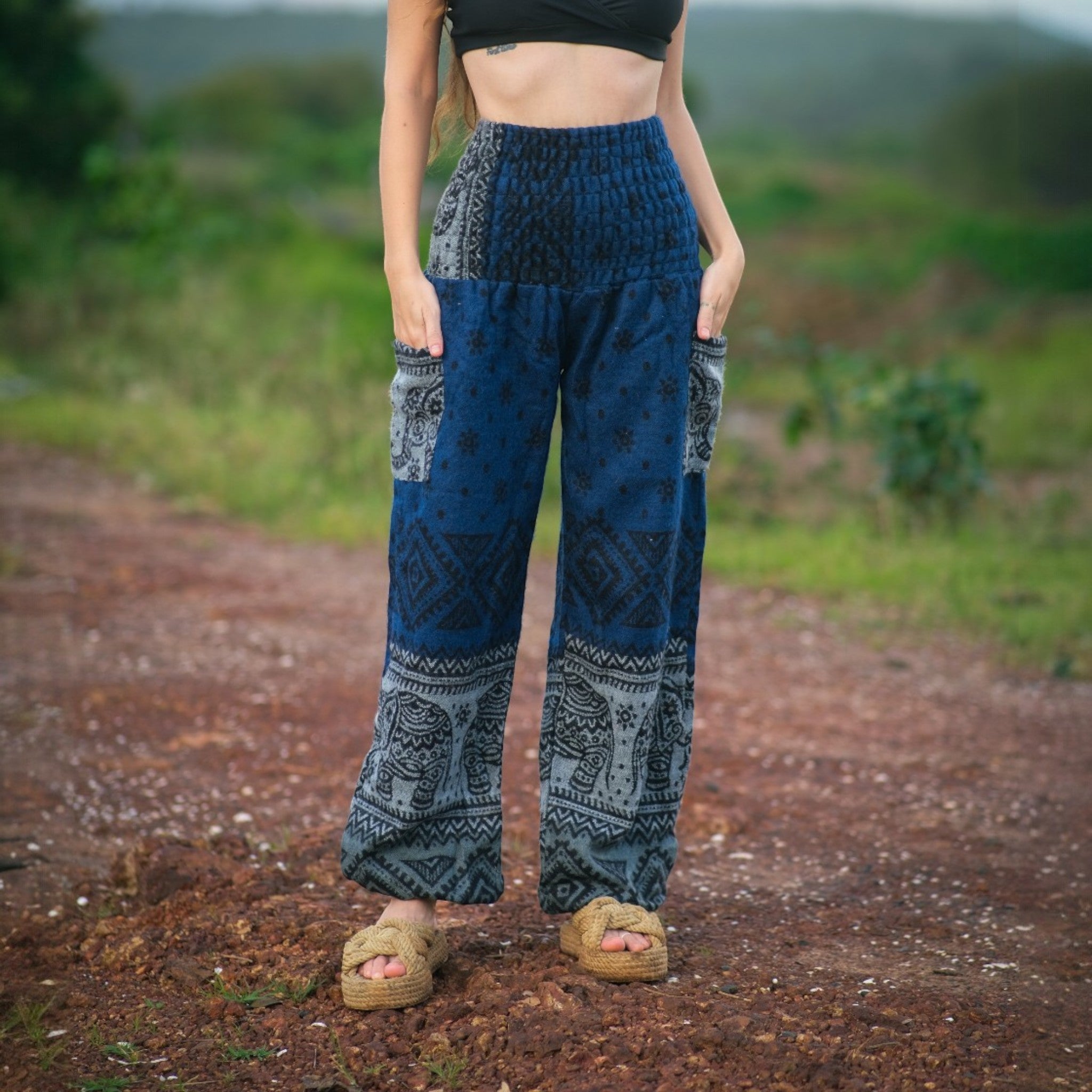 Blue elephant print thick warm harem blanket pants with smocked waistband and side pockets, soft cashmilon fleece trousers for yoga, dance, and festival wear