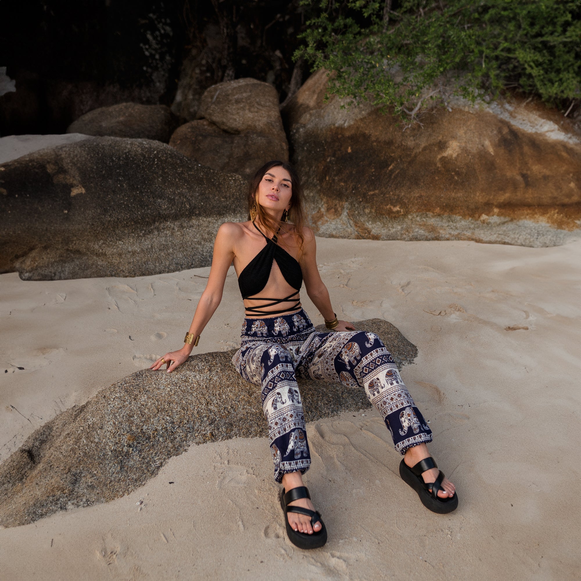 High Crotch Harem Pants - Elephant Print - Navy Blue