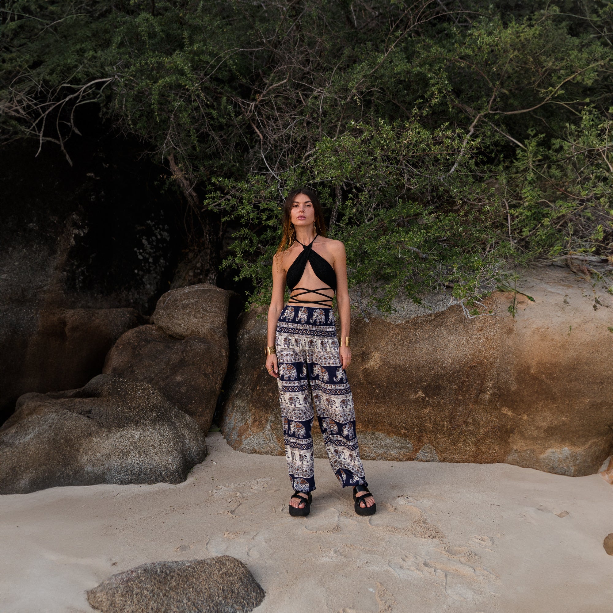 High Crotch Harem Pants - Elephant Print - Navy Blue