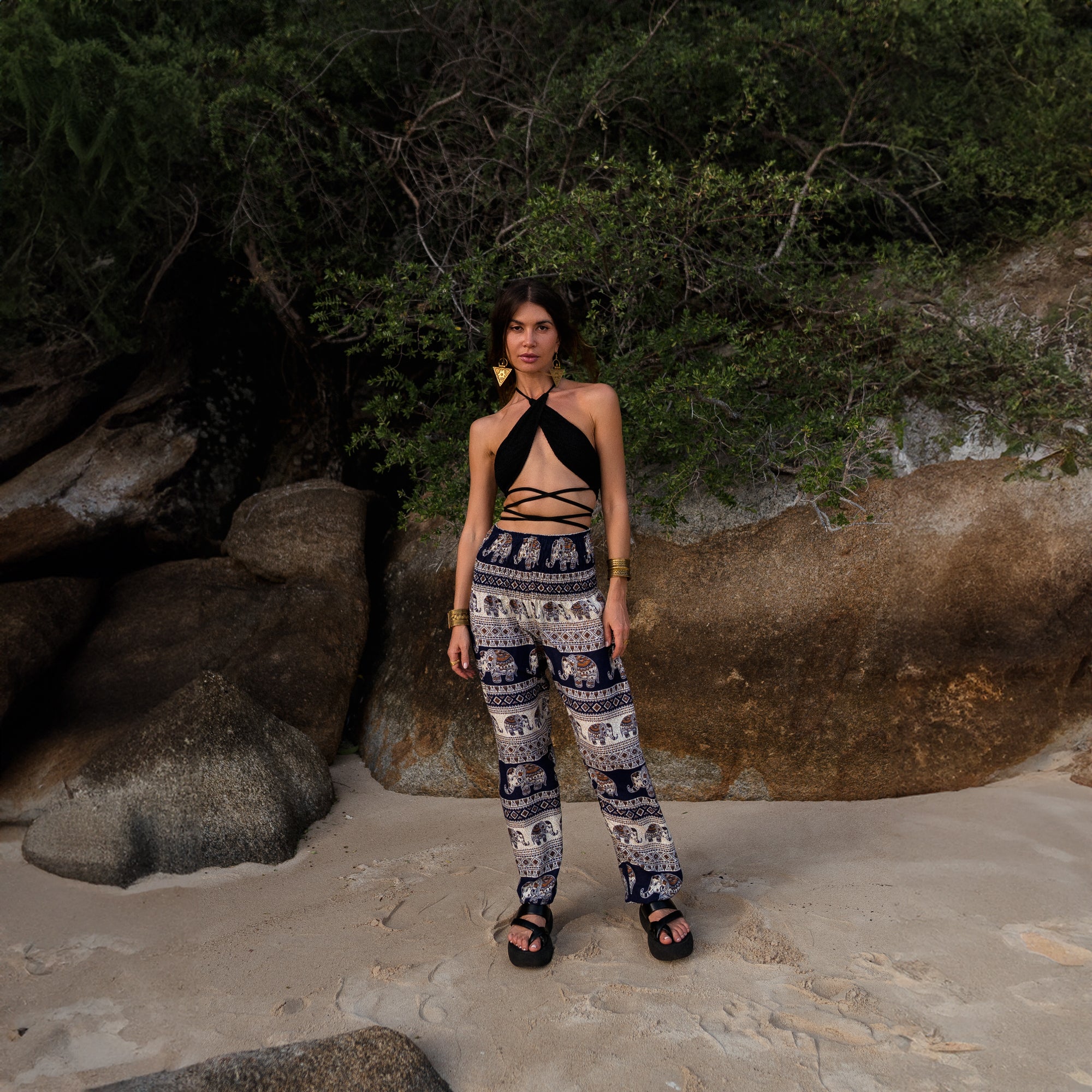 High Crotch Harem Pants - Elephant Print - Navy Blue