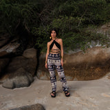 High Crotch Harem Pants - Elephant Print - Navy Blue