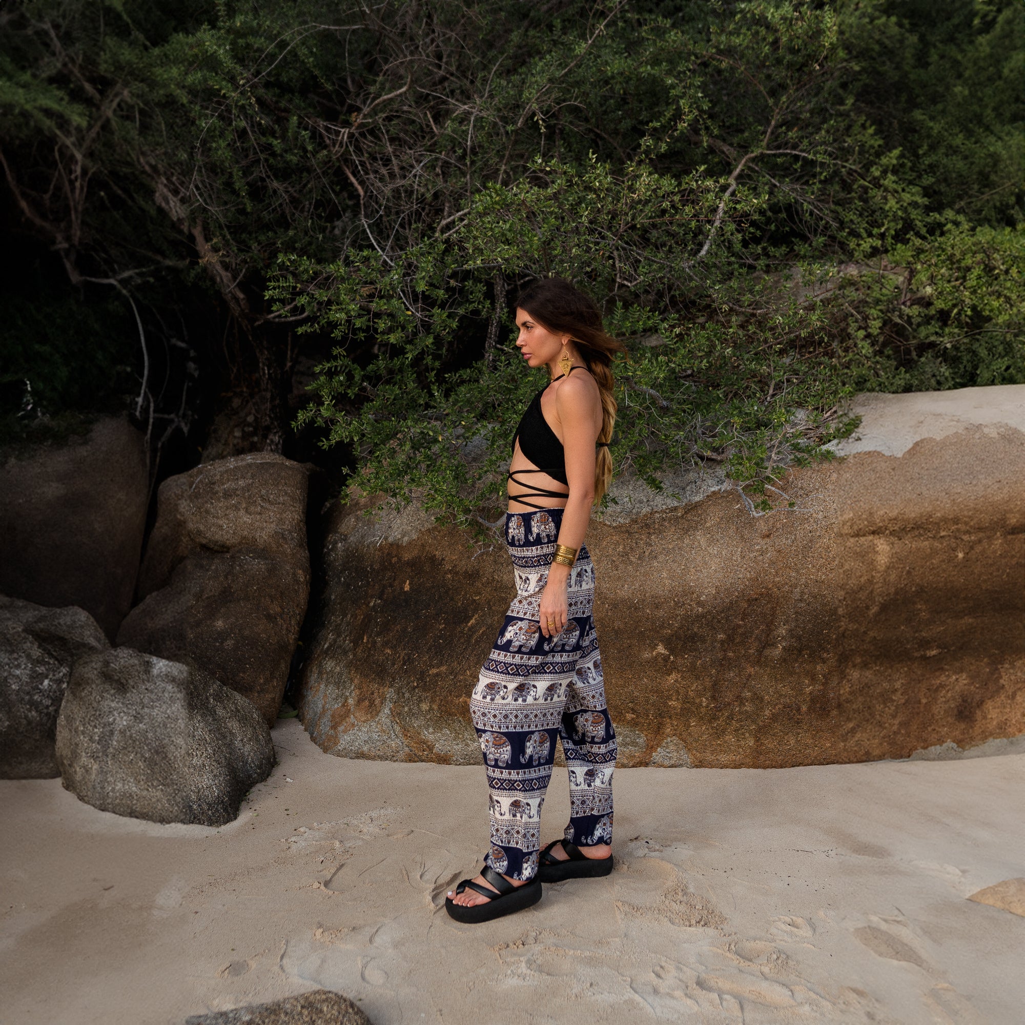 High Crotch Harem Pants - Elephant Print - Navy Blue