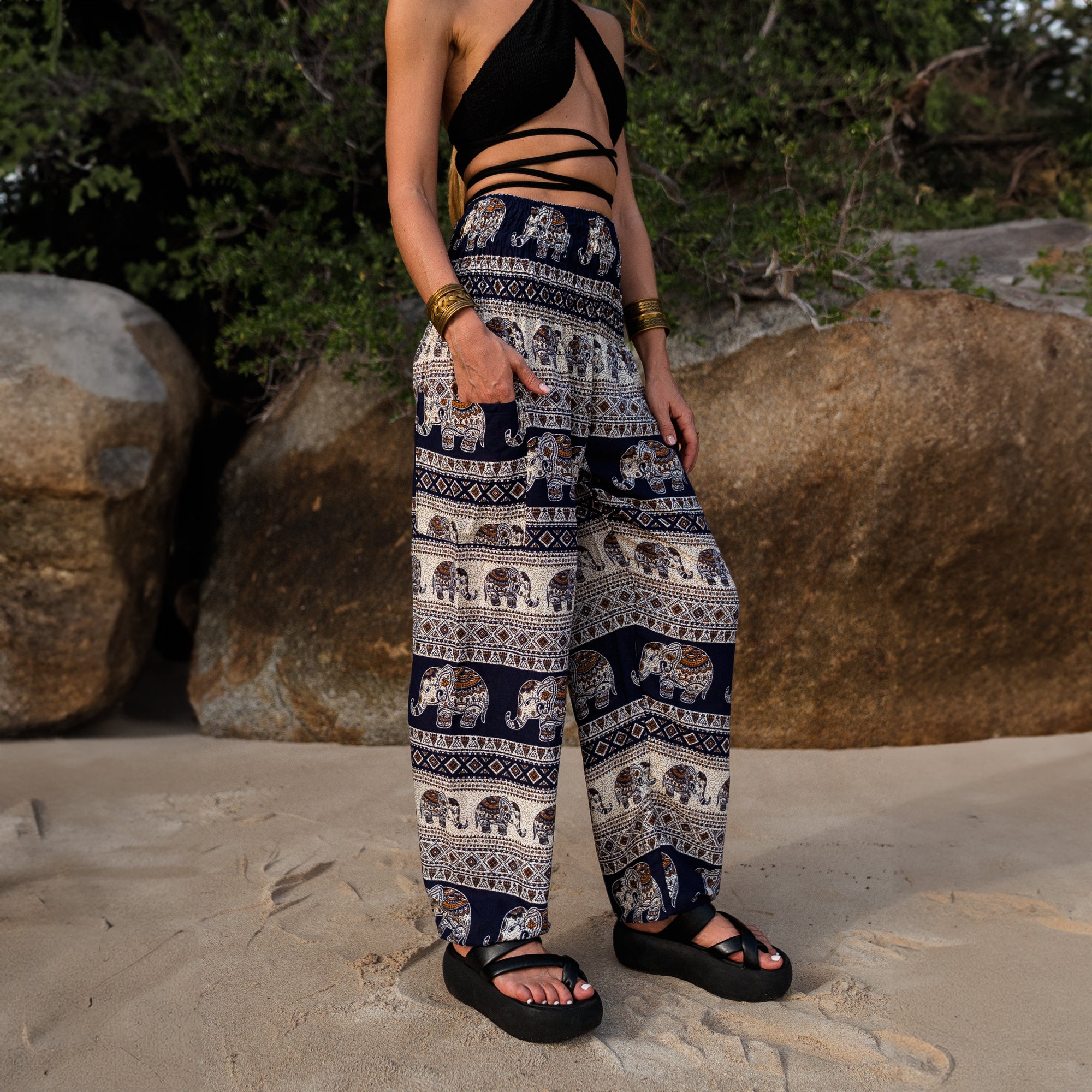 High Crotch Harem Pants - Elephant Print - Navy Blue