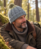 Duck Egg Blue & Green Cable Knit Wool Hat with Pom Pom - Fleece Lined