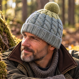 Duck Egg Blue & Green Cable Knit Wool Hat with Pom Pom - Fleece Lined