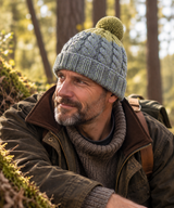 Duck Egg Blue & Green Cable Knit Wool Hat with Pom Pom - Fleece Lined