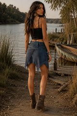 Blue Stonewashed Cotton Pixie Wrap Short Skirt | One Size