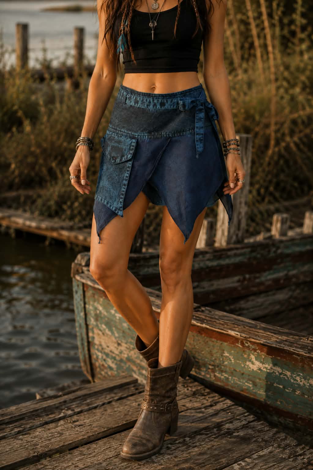 Blue Stonewashed Cotton Pixie Wrap Short Skirt | One Size