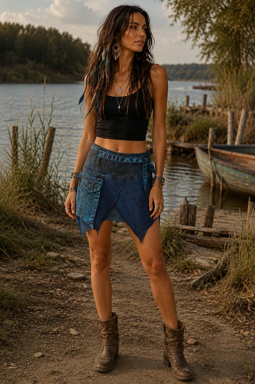 Blue Stonewashed Cotton Pixie Wrap Short Skirt | One Size