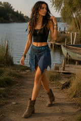Blue Stonewashed Cotton Pixie Wrap Short Skirt | One Size