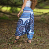 Blue and white mandala harem pants made from lightweight rayon, low crotch boho yoga trousers for festivals, dance, and casual hippie style