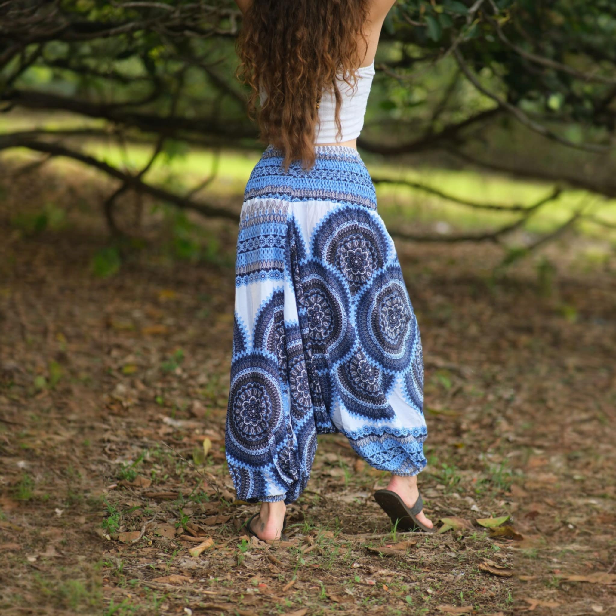 Blue & White Mandala Harem Pants – Lightweight Rayon Yoga Trousers | Boho Festival & Hippie Style
