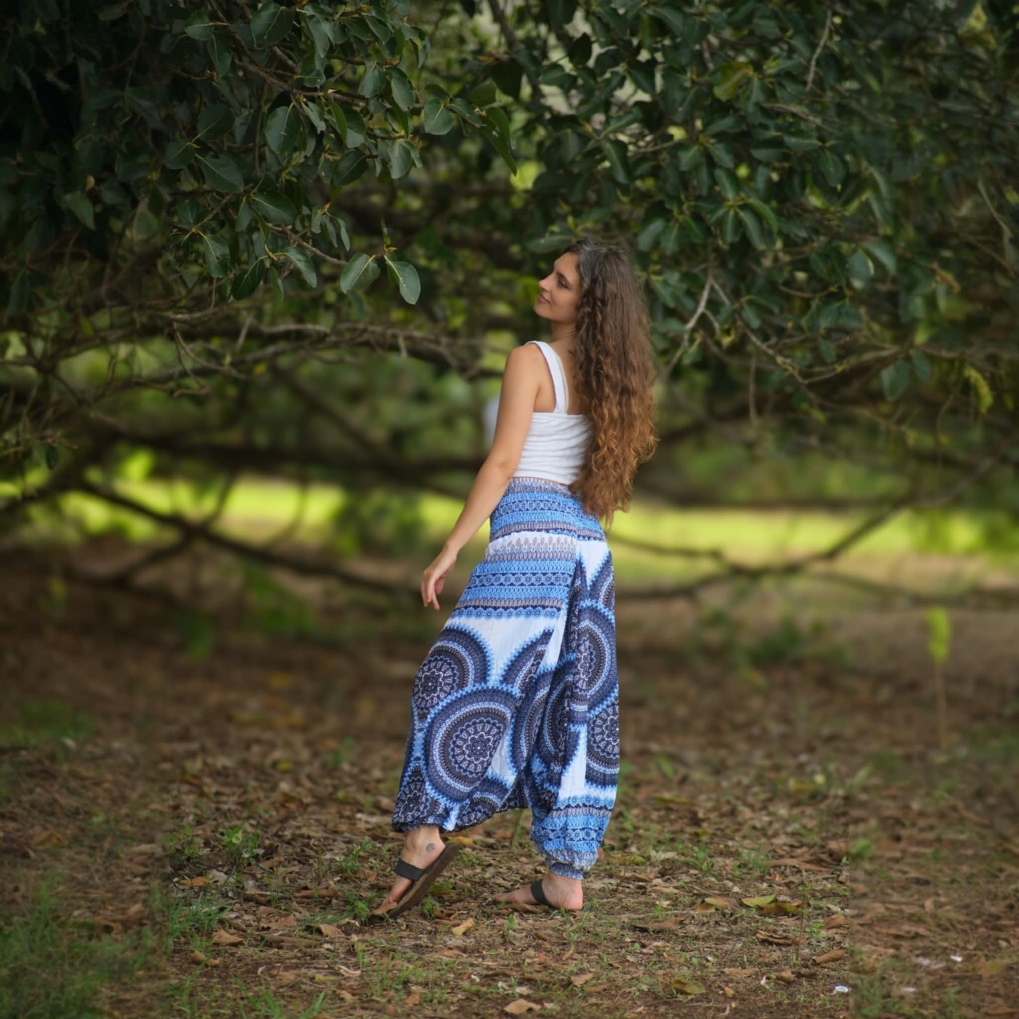 Blue & White Mandala Harem Pants – Lightweight Rayon Yoga Trousers | Boho Festival & Hippie Style