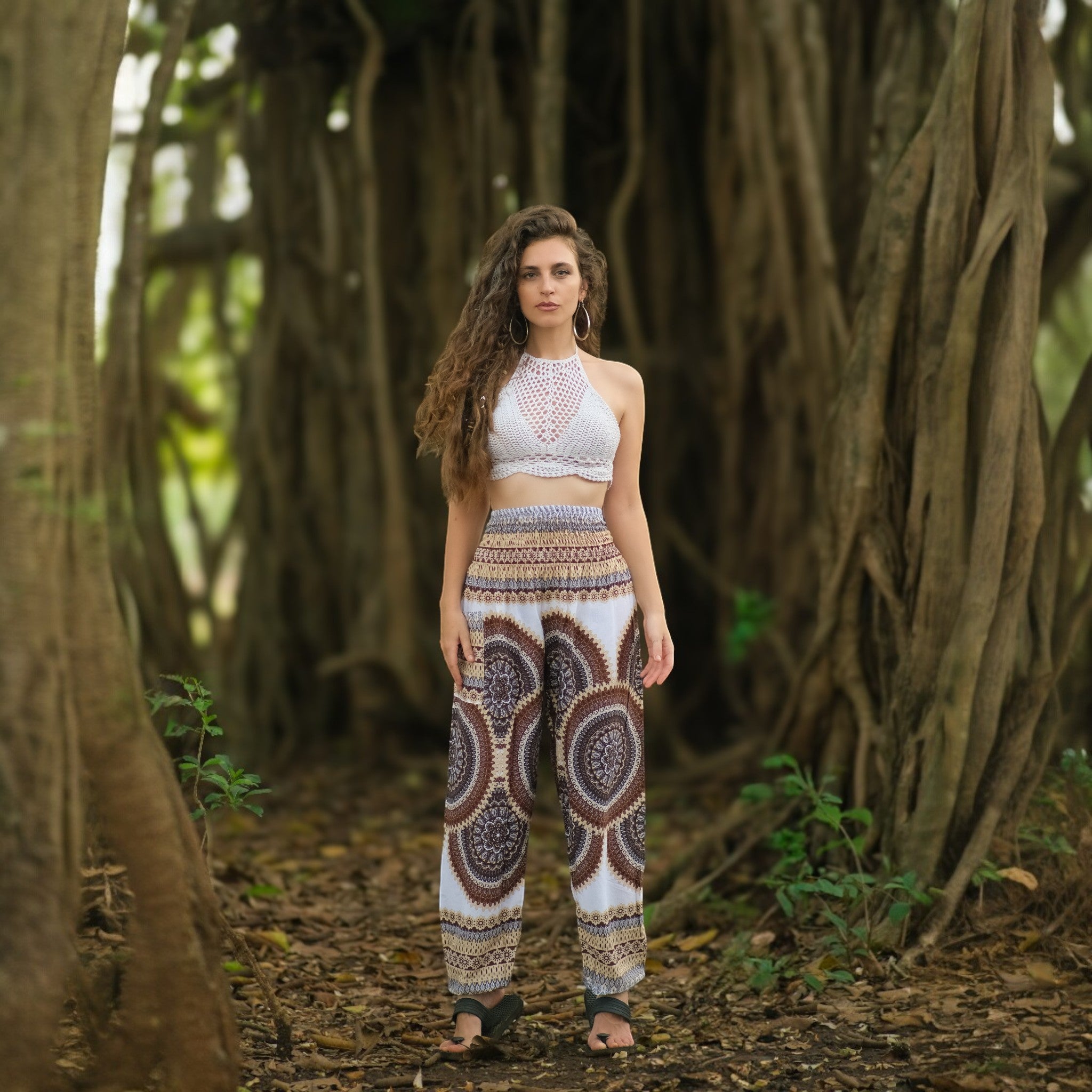 White Mandala High Cut Harem Pants - Brown