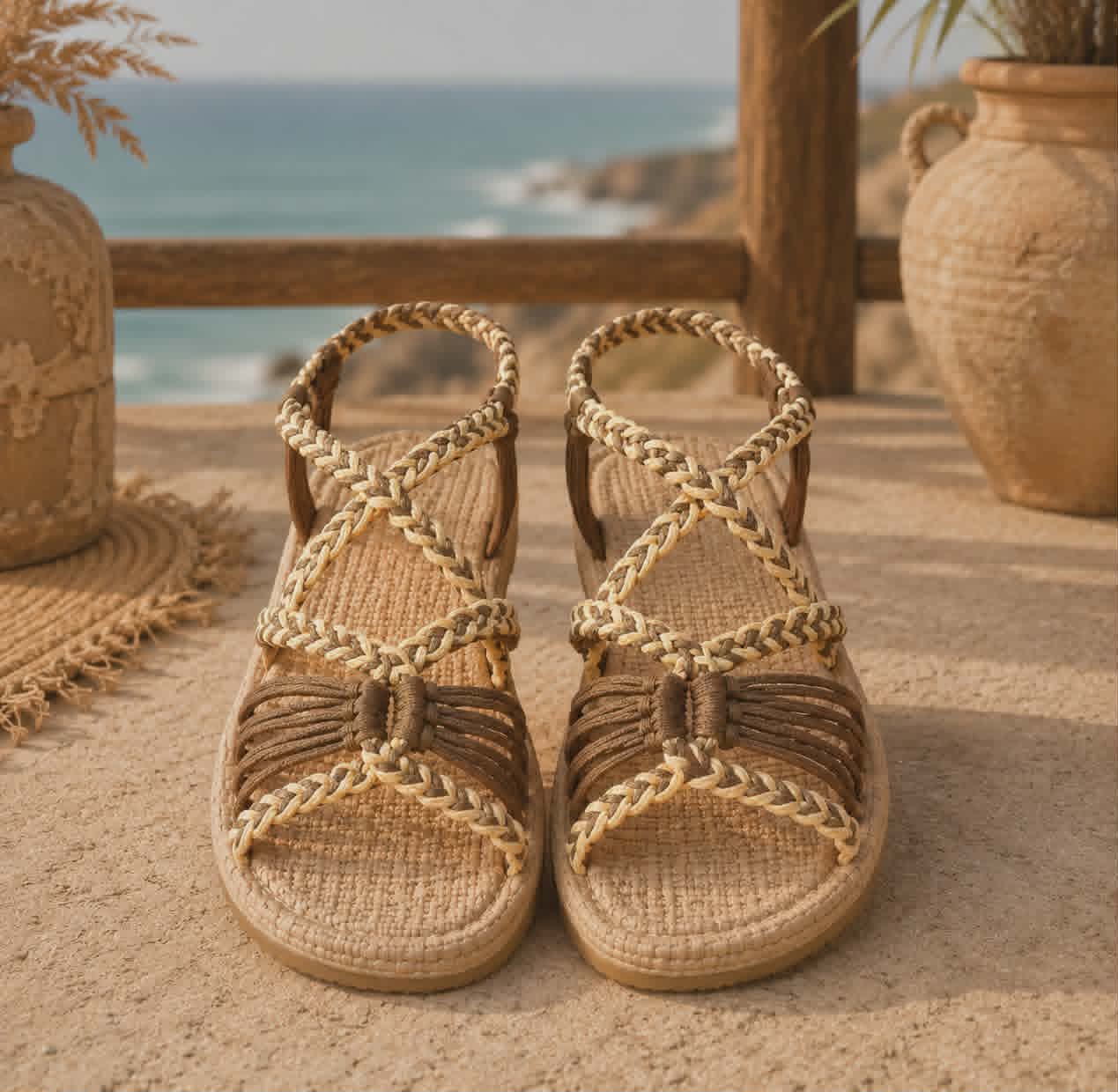 Boho Braided Rope Sandals — Beige & Brown