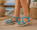Boho Braided Rope Sandals – Turquoise & White / Navy & White