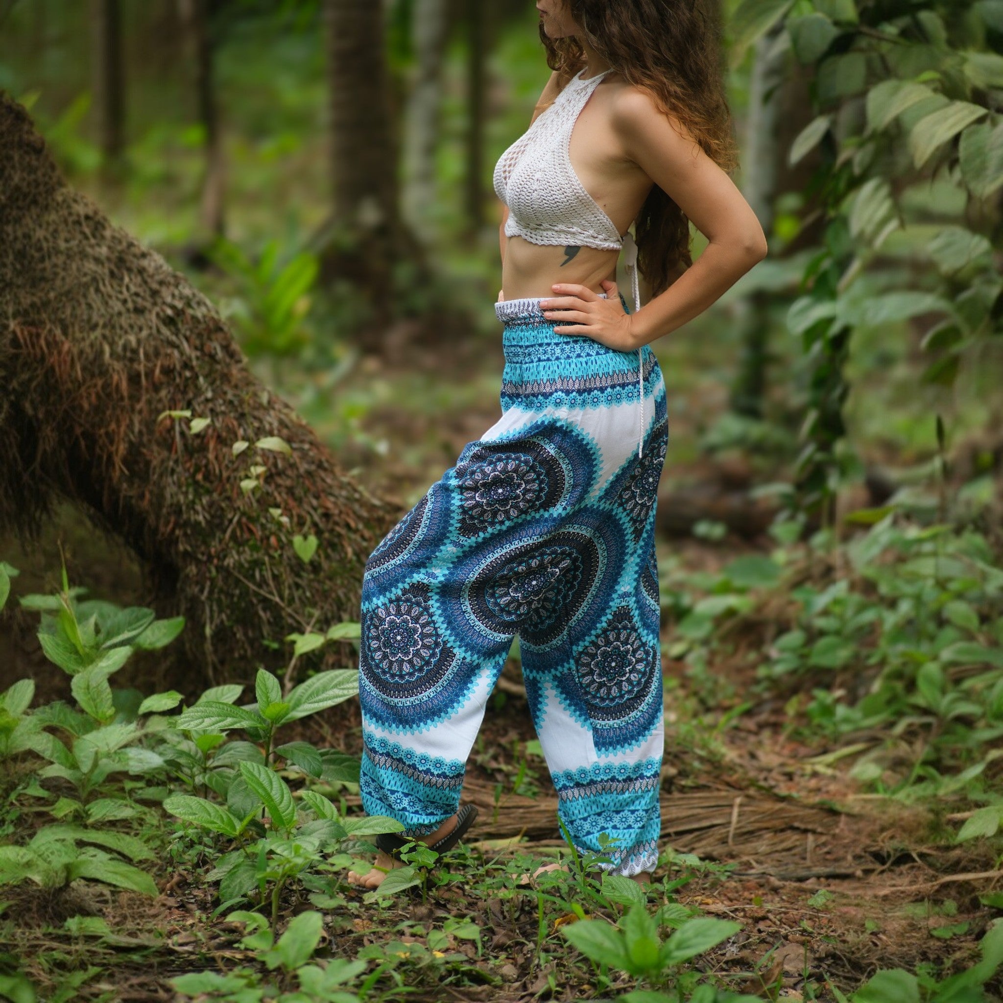 White Mandala High Cut Harem Pants - Turquoise