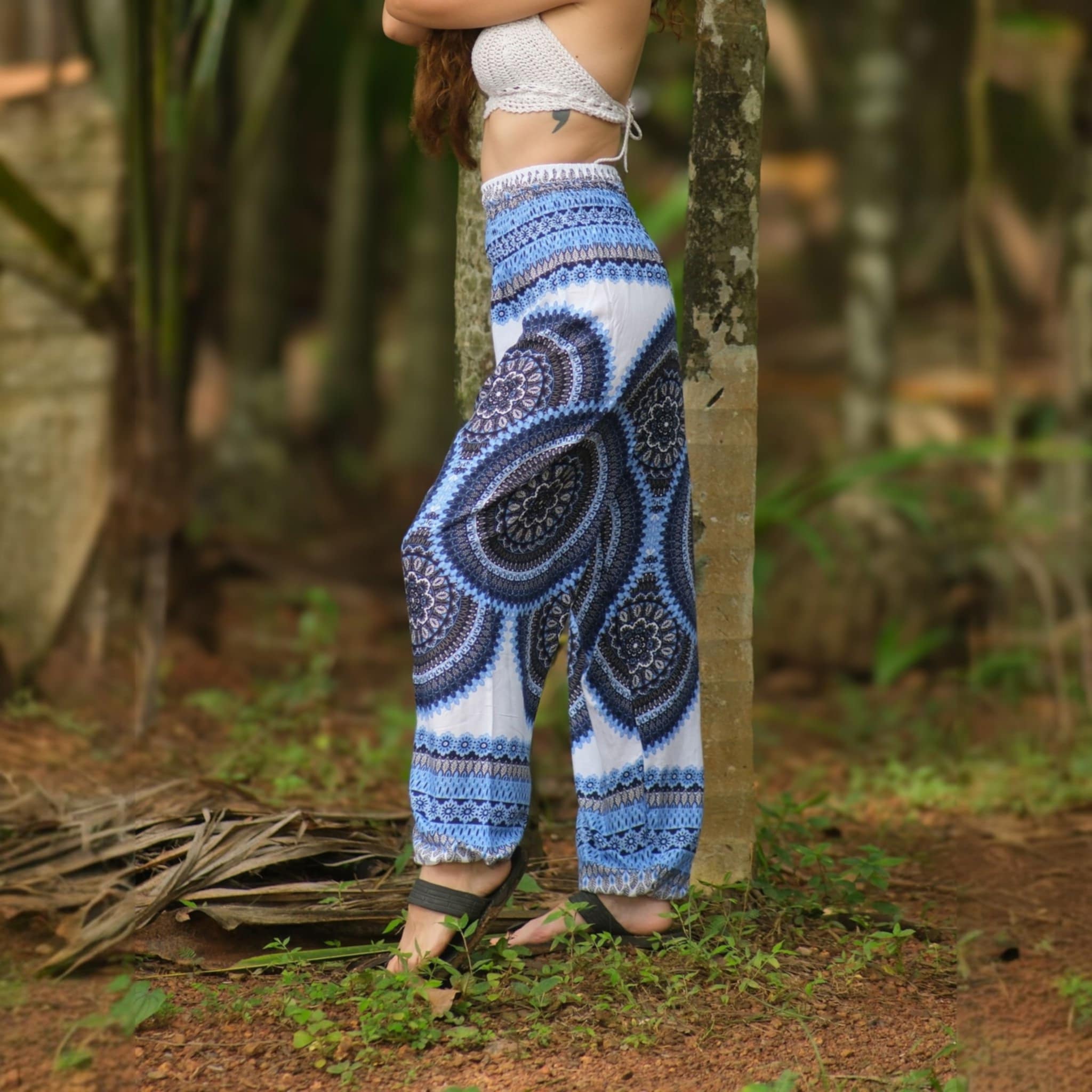 White Mandala High Cut Harem Pants - Blue