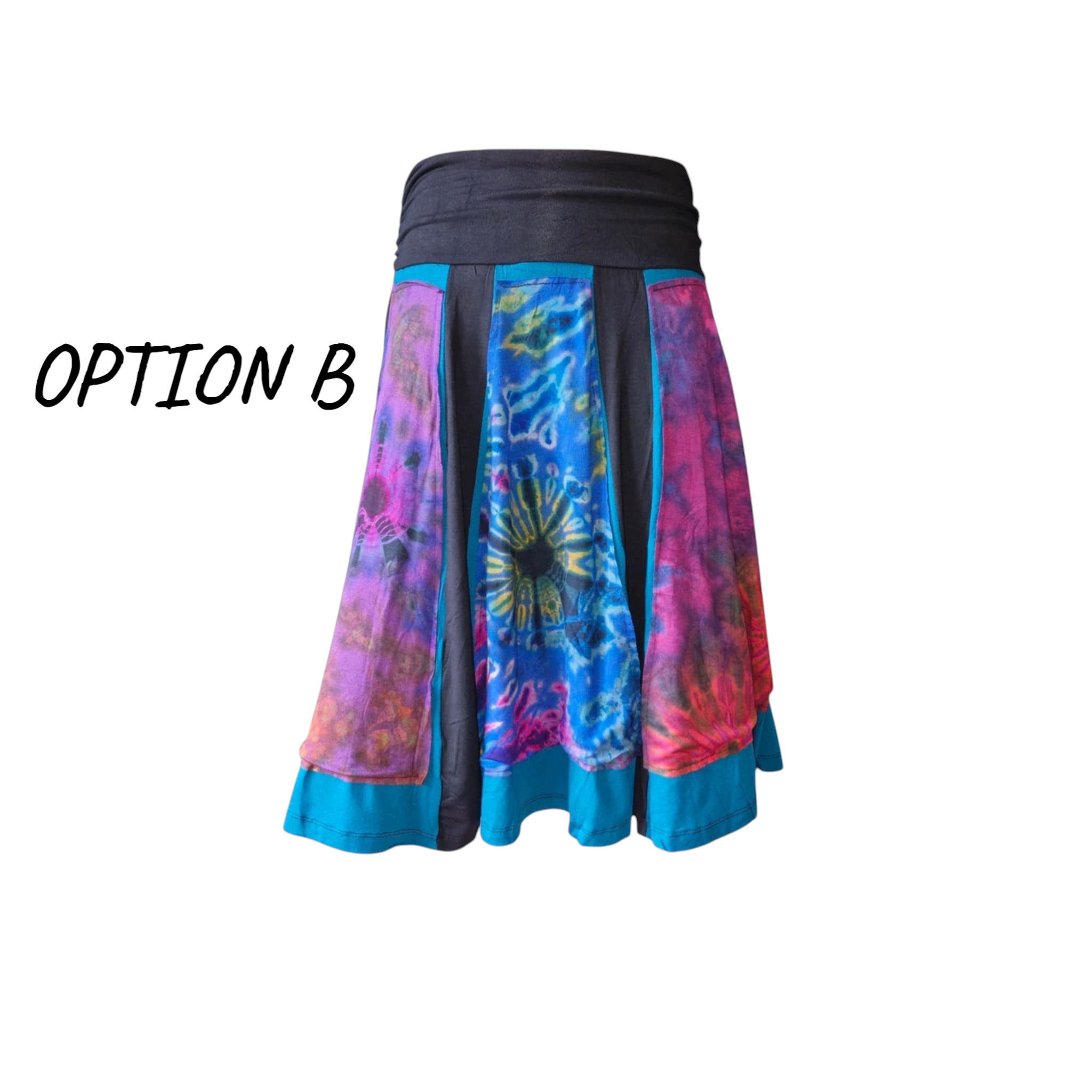 Handmade bohoskirt in psychedelic pink, teal and electric blue tie-dye with stretch waist