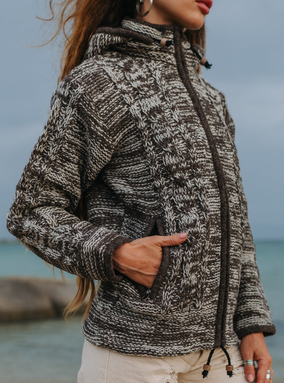 Wool Jacket - Cable Knit Aran - Brown/Cream Marl