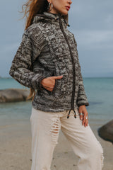 Wool Jacket - Cable Knit Aran - Brown/Cream Marl