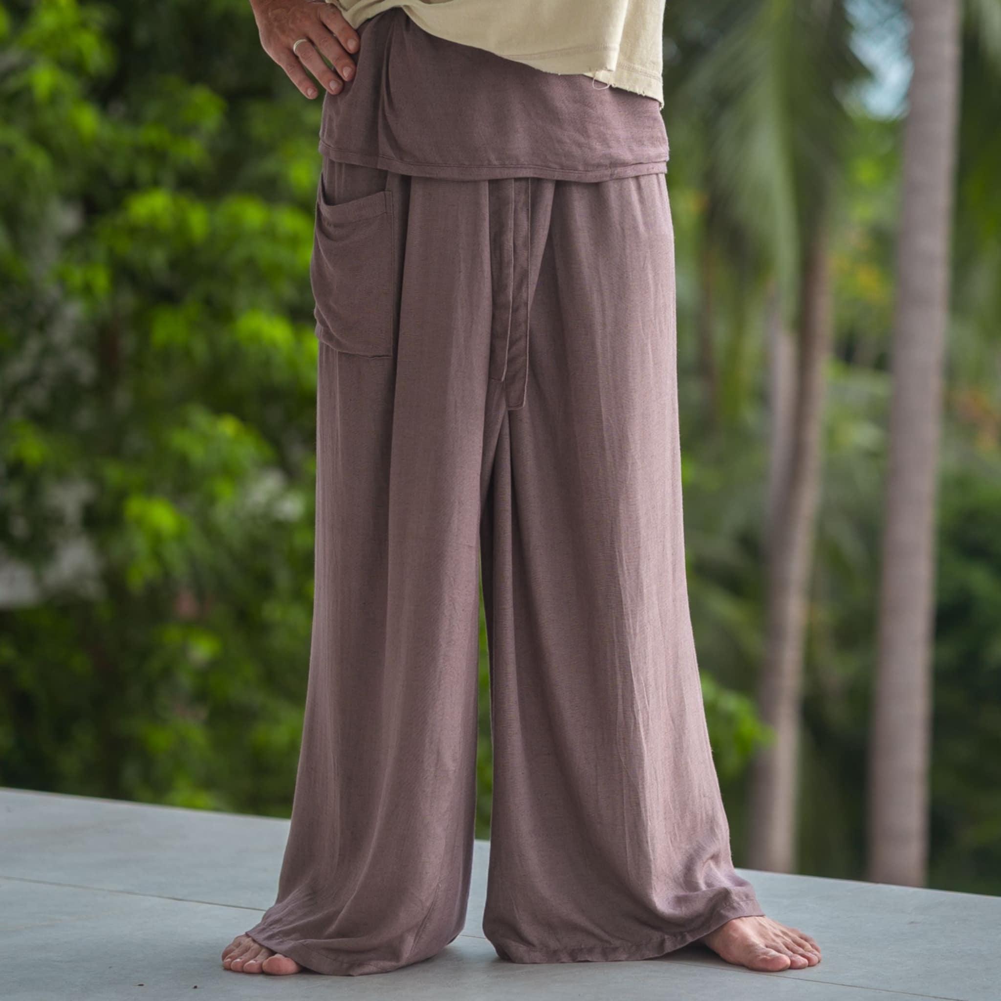Brown Thai fisherman pants made from a soft hemp and cotton blend, extra-long prototype design for tall men 6'2"+, perfect for yoga, travel, festivals, and relaxed boho summer wear.
