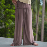 Brown Thai fisherman pants made from a soft hemp and cotton blend, extra-long prototype design for tall men 6'2"+, perfect for yoga, travel, festivals, and relaxed boho summer wear.