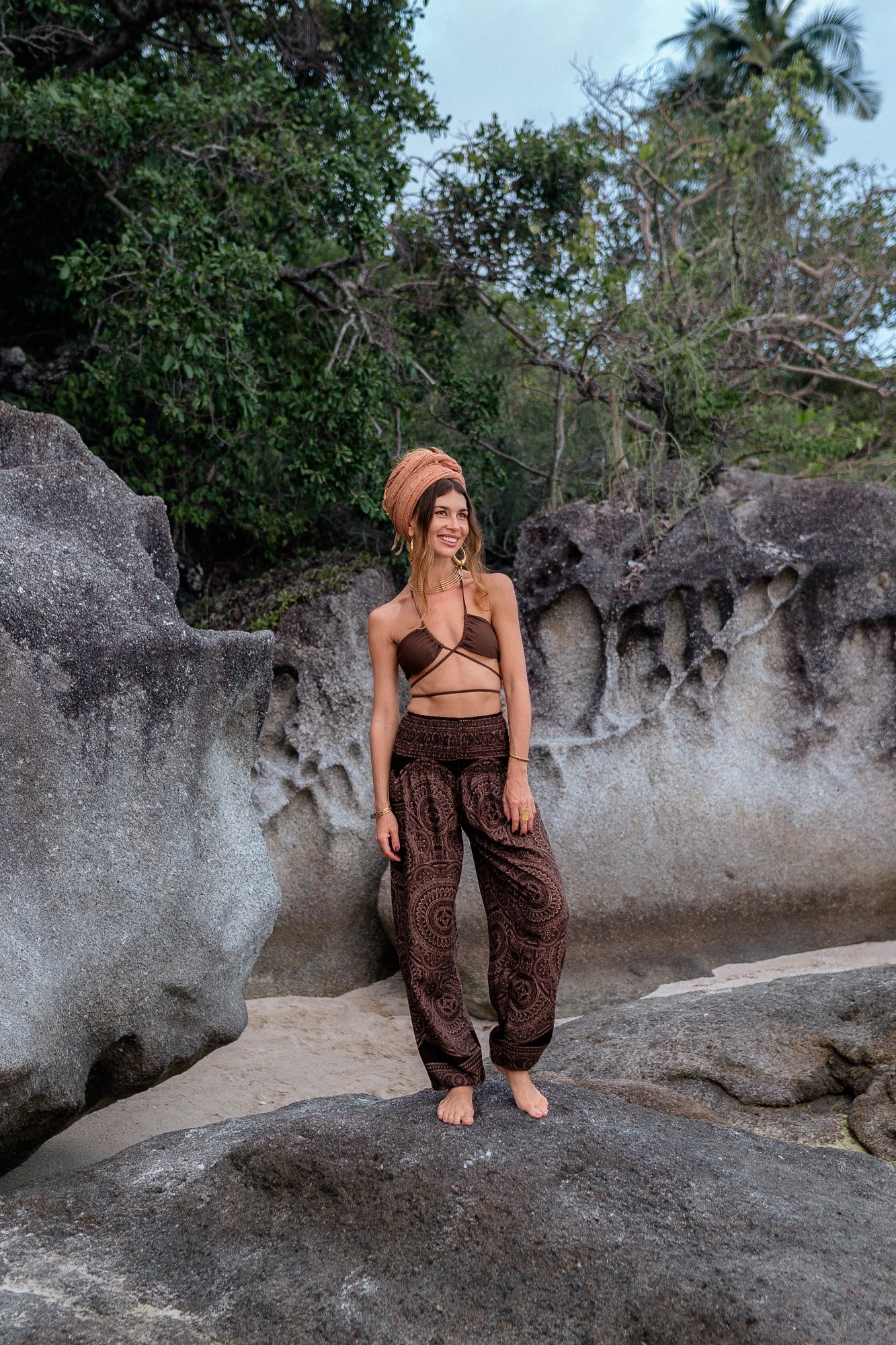 High Crotch Harem Pants - Intricate Mandala - Brown