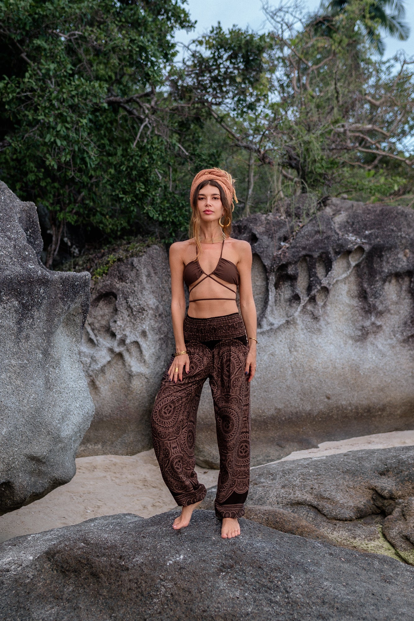 High Crotch Harem Pants - Intricate Mandala - Brown
