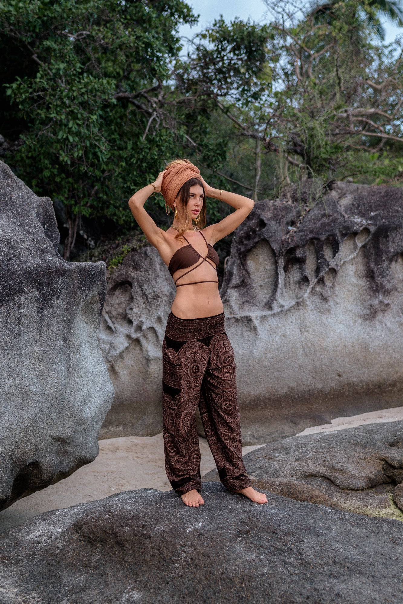 High Crotch Harem Pants - Intricate Mandala - Brown
