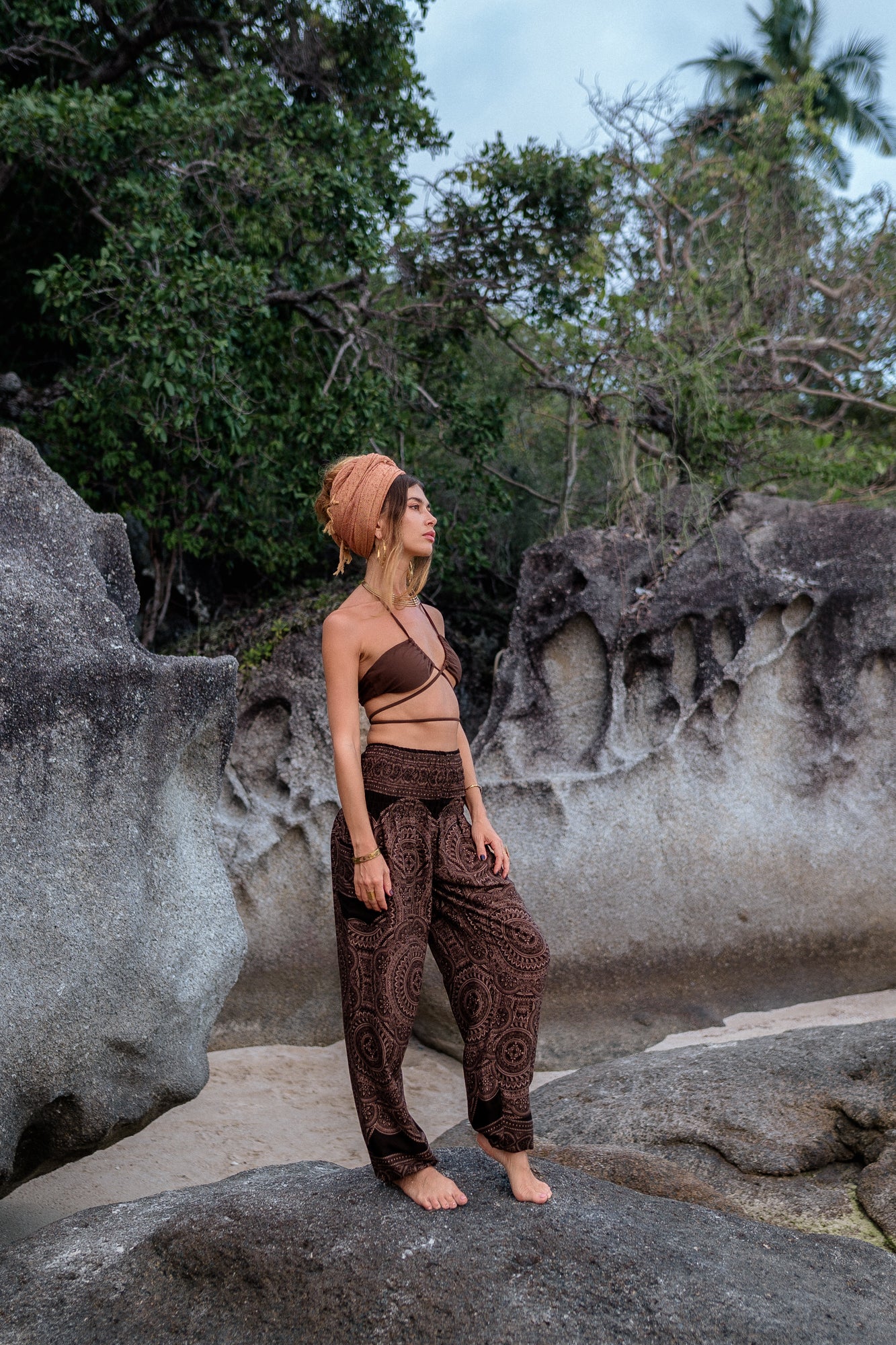 High Crotch Harem Pants - Intricate Mandala - Brown