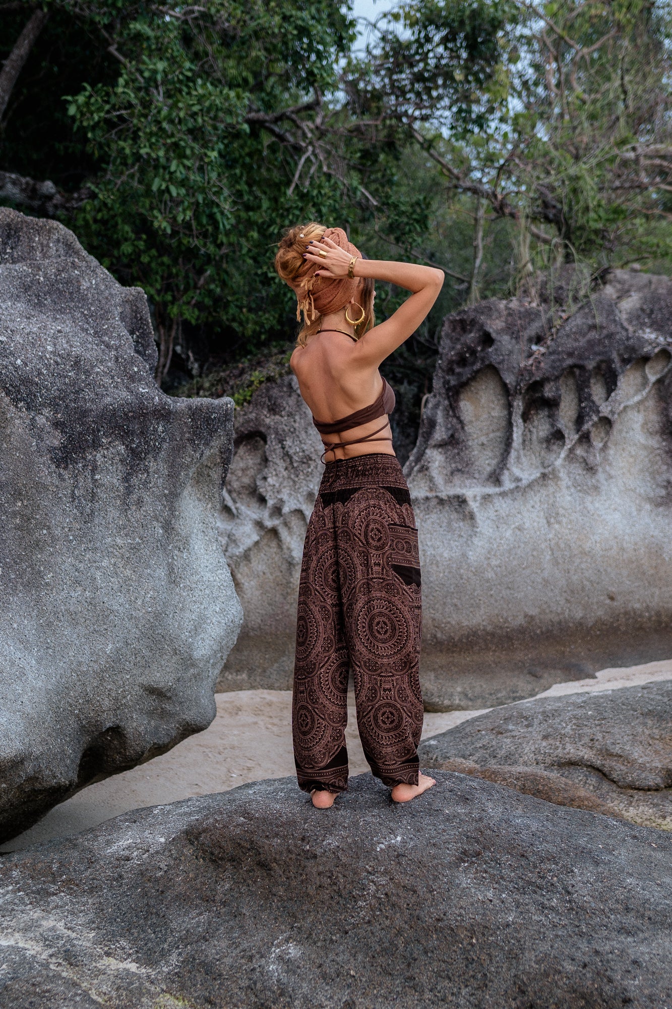 High Crotch Harem Pants - Intricate Mandala - Brown