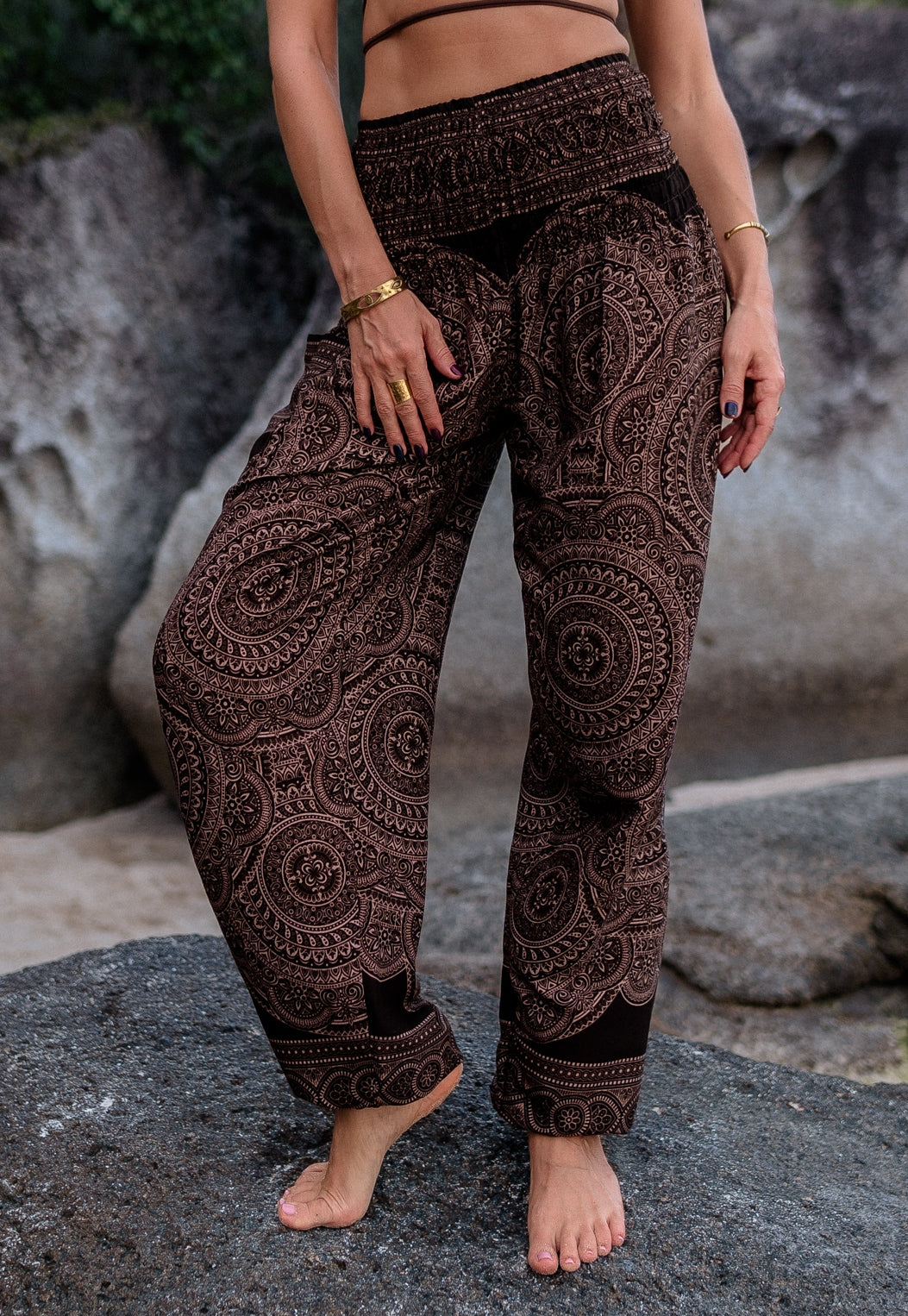 High Crotch Harem Pants - Intricate Mandala - Brown