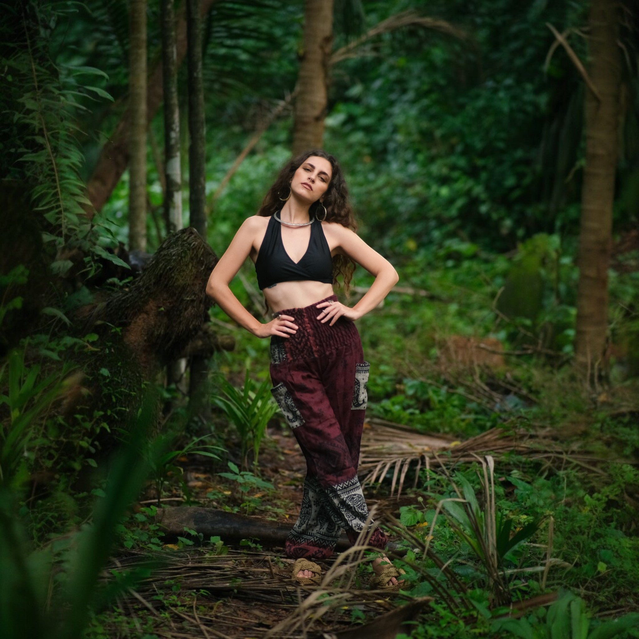 Elephant Print Warm Harem Blanket Pants with Pockets - Maroon/Burgundy