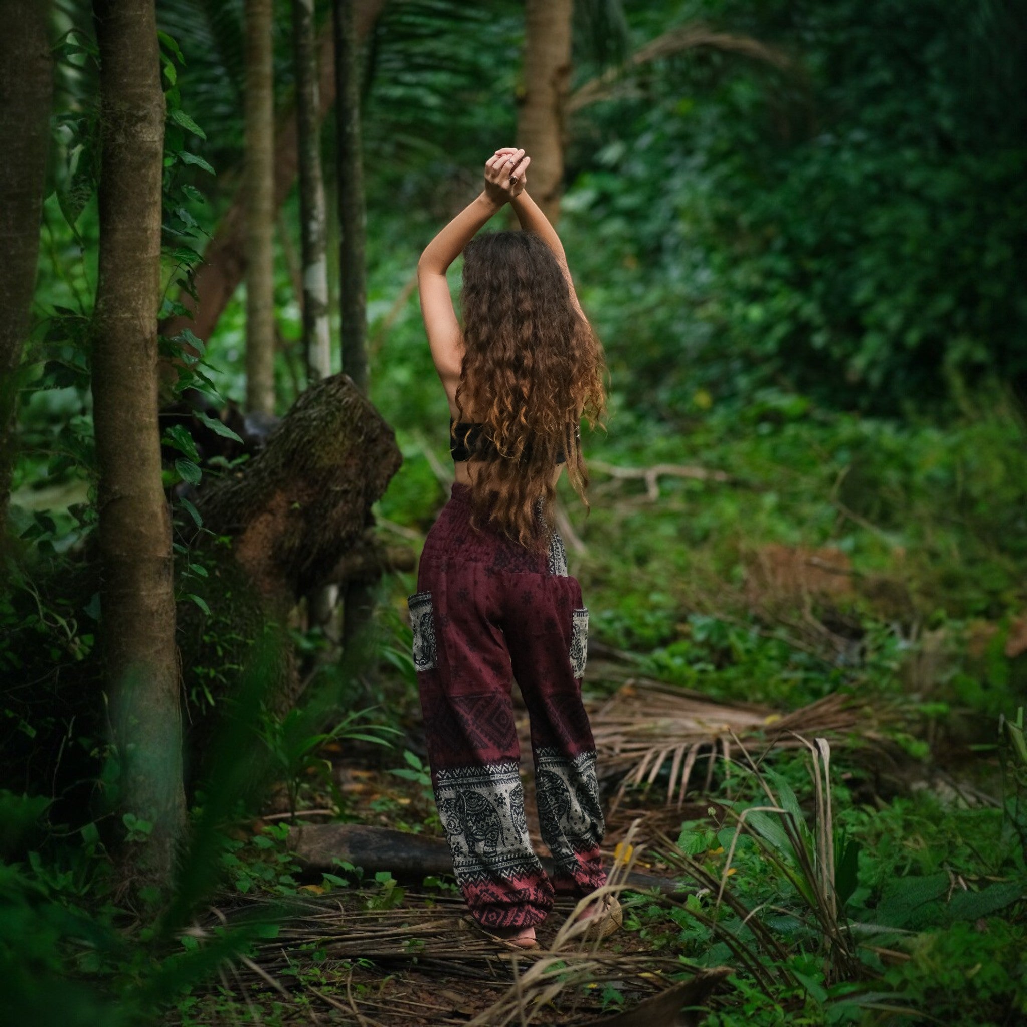 Elephant Print Warm Harem Blanket Pants with Pockets - Maroon/Burgundy