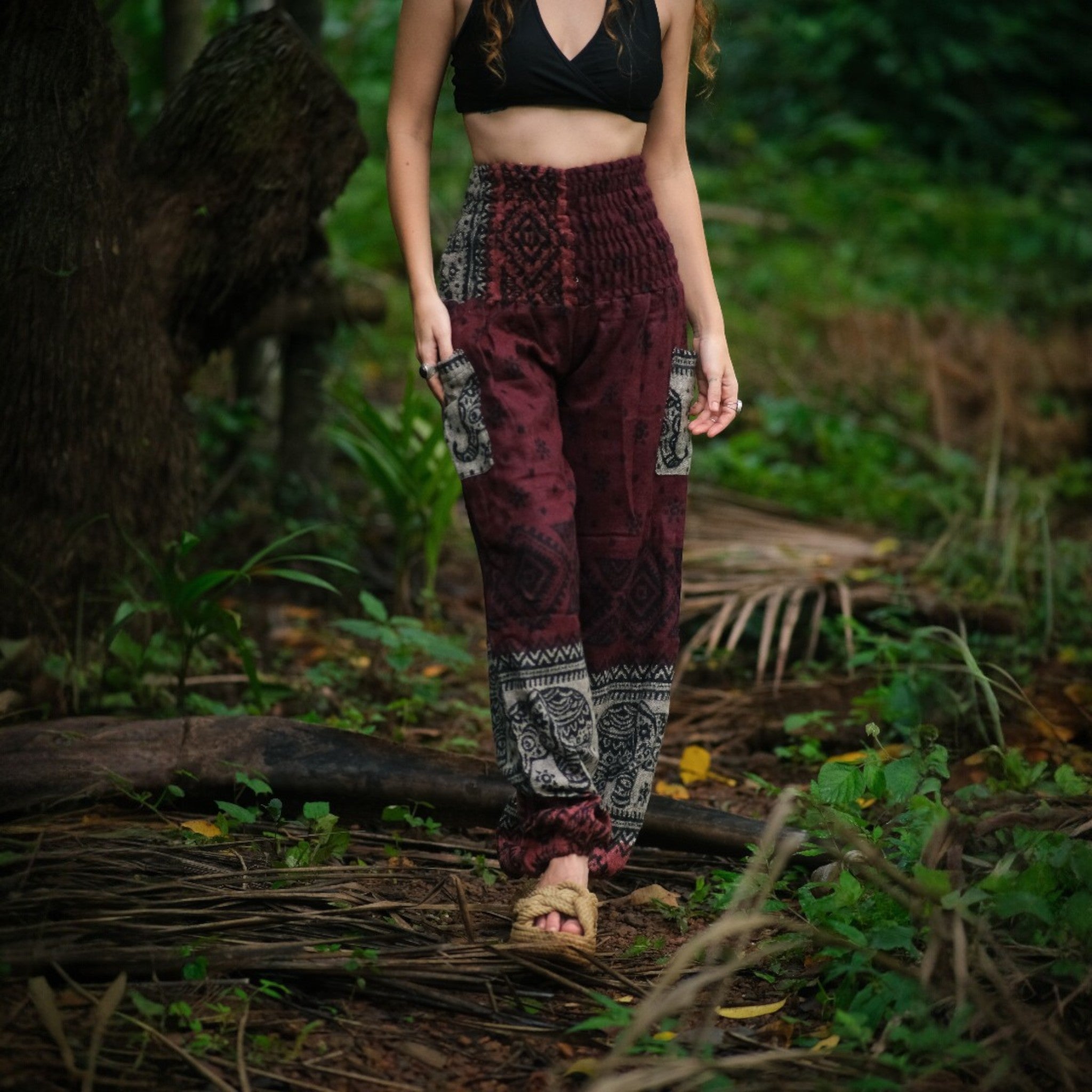 Elephant Print Warm Harem Blanket Pants with Pockets - Maroon/Burgundy