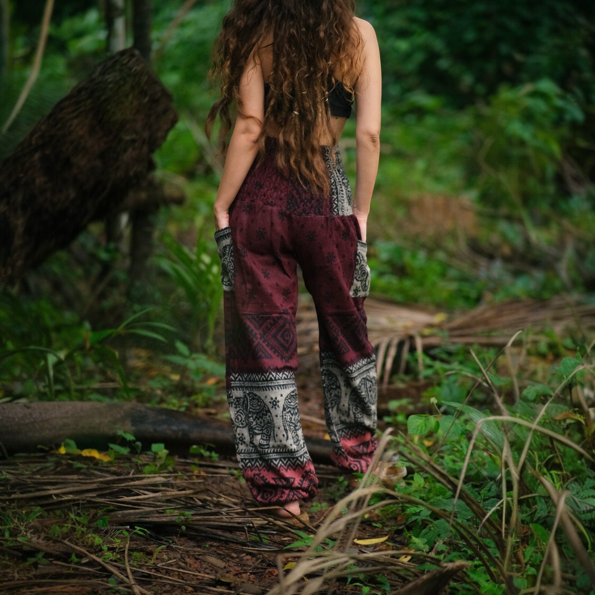 Elephant Print Warm Harem Blanket Pants with Pockets - Maroon/Burgundy