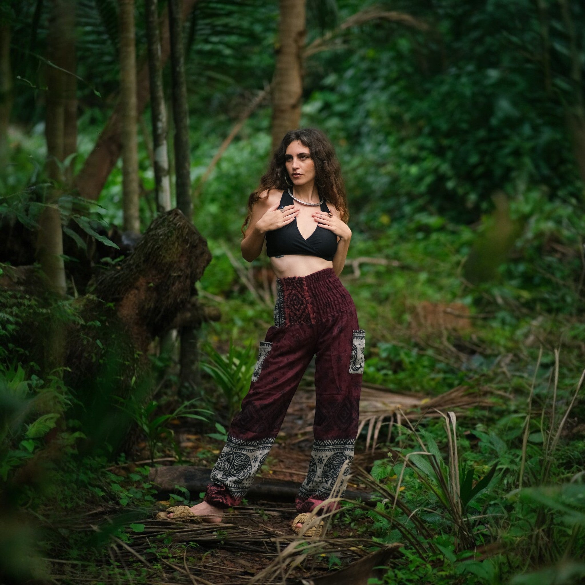 Elephant Print Warm Harem Blanket Pants with Pockets - Maroon/Burgundy